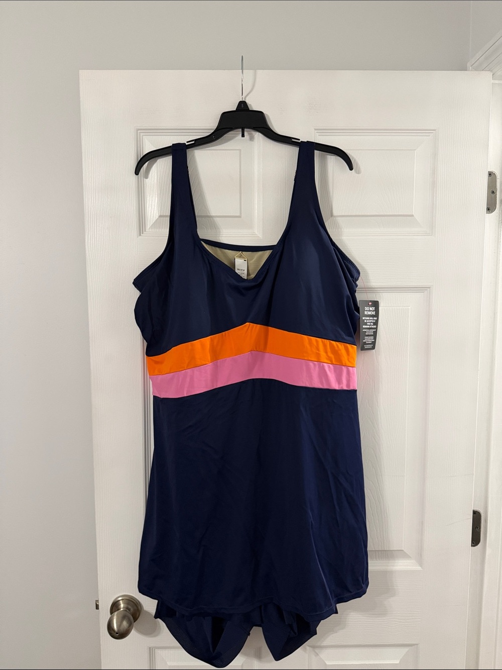 Swim 365 by by swimsuit Navy One-Piece Swimsuit with Orange & Pink Stripes sz 26